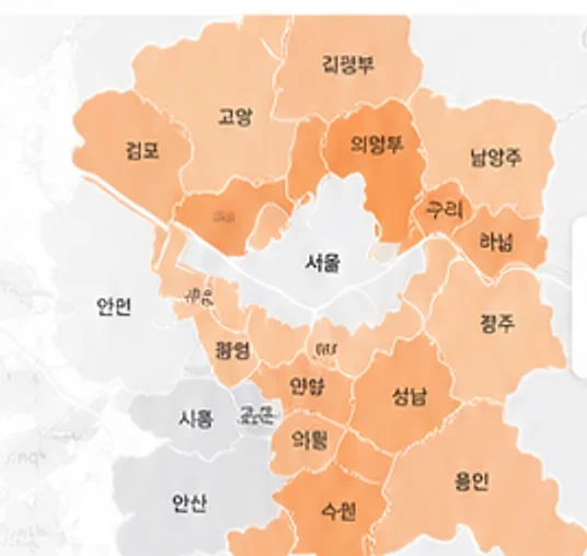 서울과 경기 주요 시·군의 출동 가능 범위를 색으로 구분한 지도