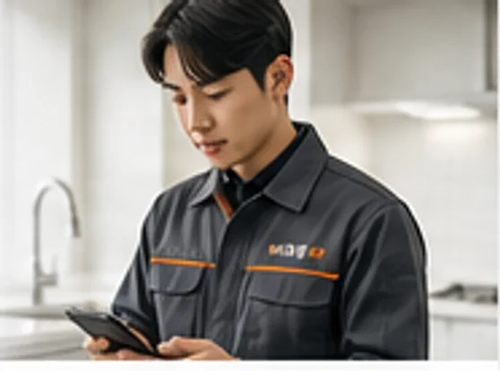 주방에서 휴대전화로 증상을 확인하는 바로홈 24 기사