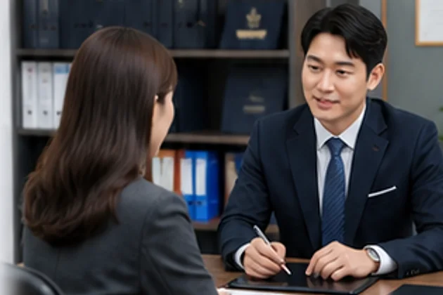 사무소에서 담당 행정사가 의뢰인과 마주 앉아 서류를 검토하는 모습
