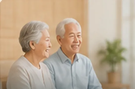노부부가 나란히 앉아 웃고 있는 모습