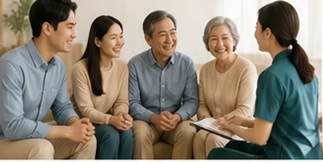 가족 네 사람이 상담사와 마주 앉아 이야기를 나누는 모습
