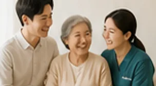 가족과 요양보호사가 어르신을 사이에 두고 웃으며 이야기하는 모습