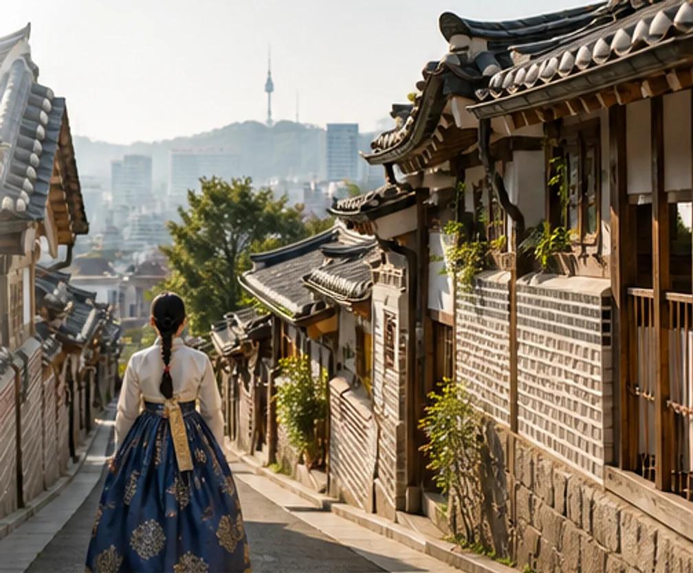 한복을 입고 한옥 골목을 걷는 여행자와 멀리 보이는 도시 풍경
