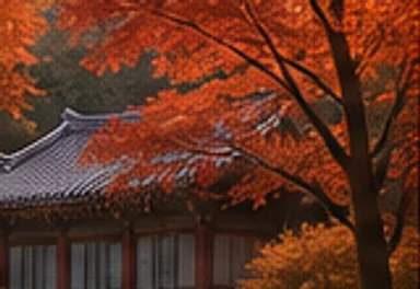 단풍이 든 산사의 기와지붕과 붉은 단풍나무