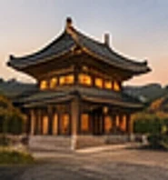 해질 무렵 조명이 켜진 경주의 목조 누각