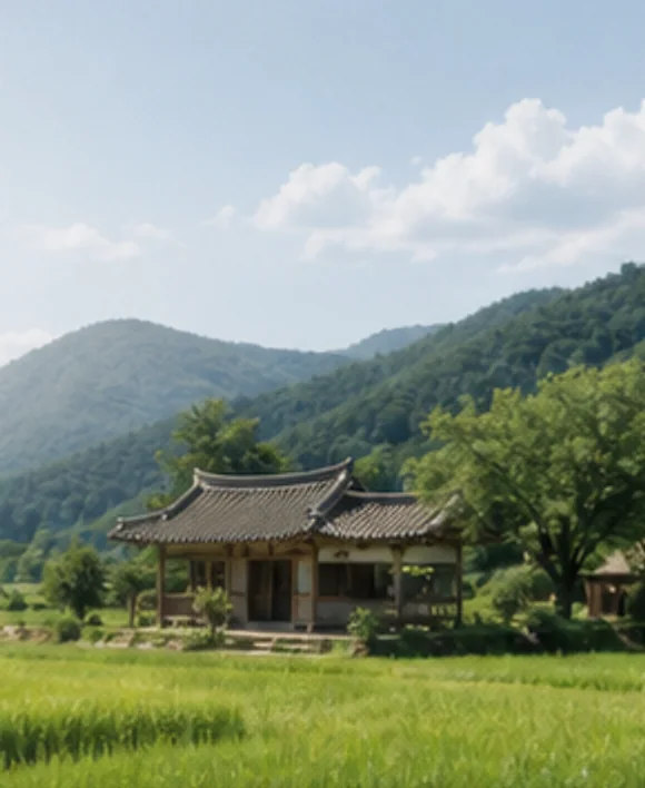 산 아래 넓은 논 옆에 기와지붕 한옥이 서 있는 들녘마을 풍경