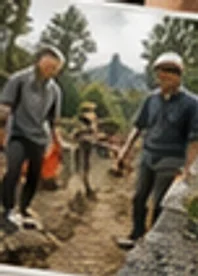 돌담길을 따라 함께 걸어 내려오는 마을 사람들
