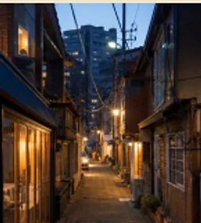 세 코스가 모두 시작되는 달빛골목 초입을 세로로 담은 모습. 길 양쪽에 낮은 가게가 이어진다.