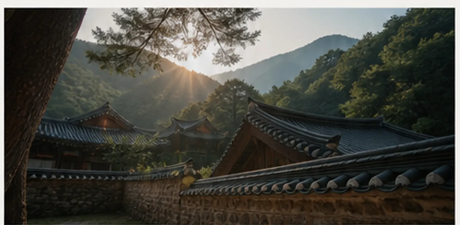 아침 햇살이 기와지붕 너머 산자락을 비추는 풍경