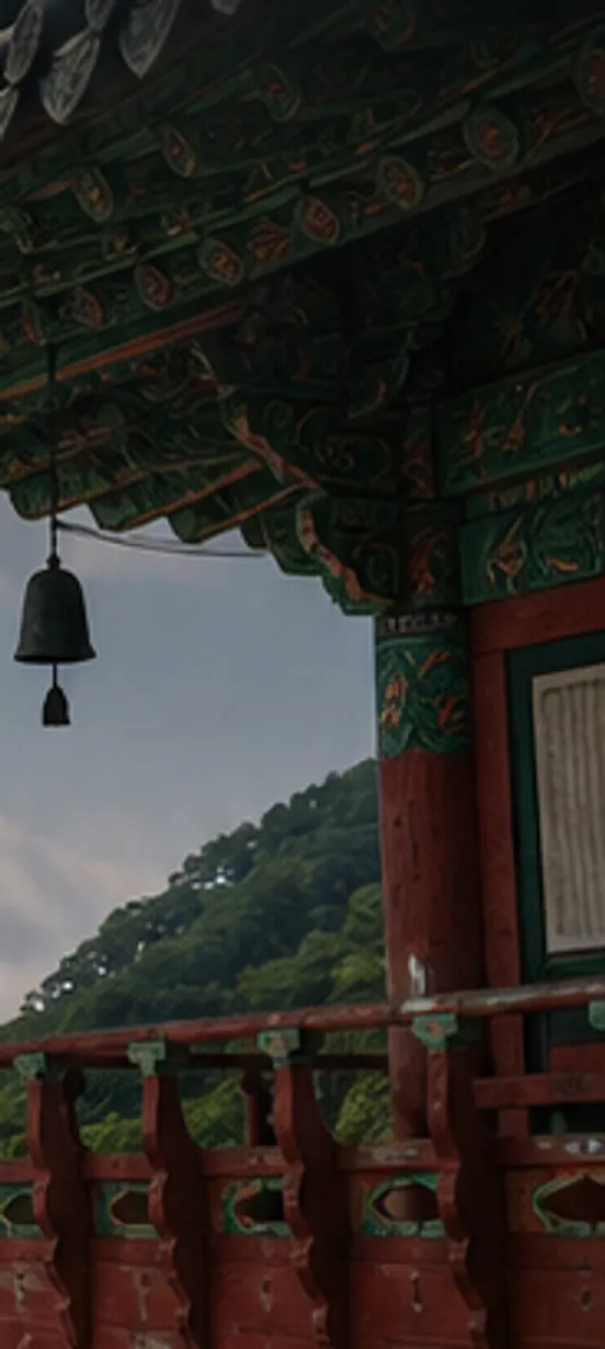법당 처마 끝에 달린 풍경과 그 너머로 보이는 산