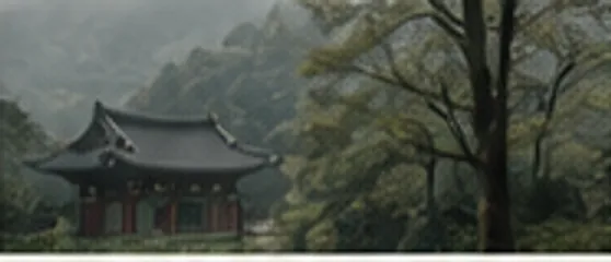 짙은 숲에 둘러싸인 전각과 안개