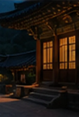 불 켜진 창호가 보이는 밤의 전각