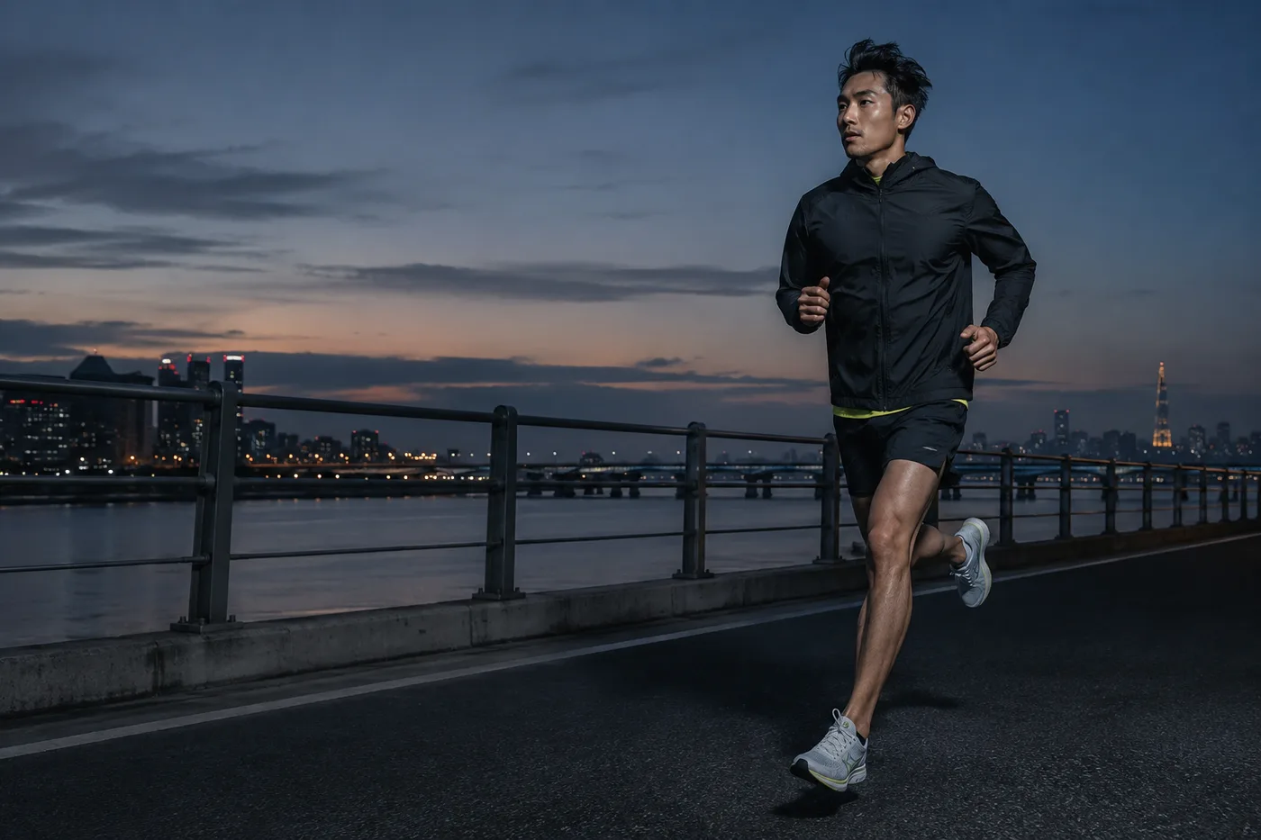 A runner on a Han River bridge road at dusk