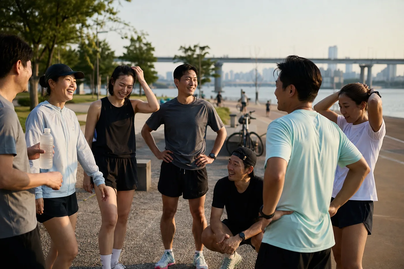 A run club gathering by the Han River at sunrise