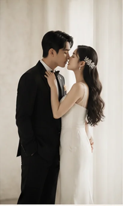 밝은 스튜디오에서 입을 맞추는 신랑과 신부