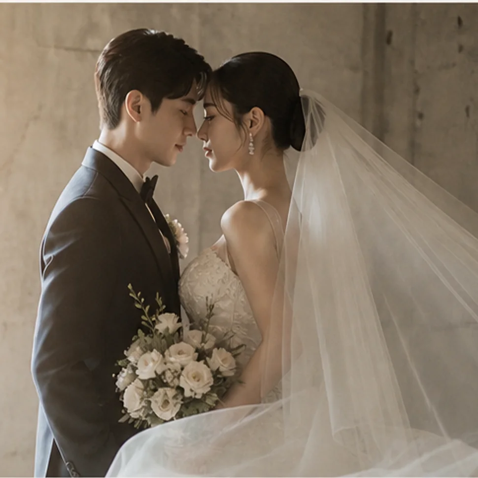 자연광이 드는 스튜디오에서 이마를 맞댄 신랑과 신부