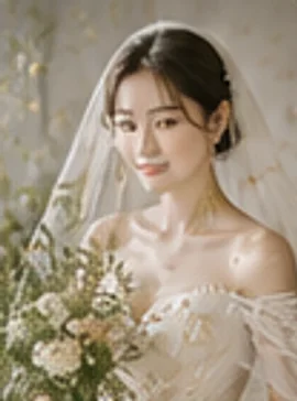 연둣빛 정원을 배경으로 부케를 안은 신부