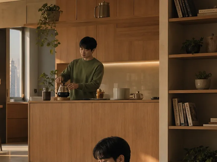 7층 남향 스튜디오. 원목 선반과 작은 주방, 창밖으로 도심 스카이라인이 보인다.