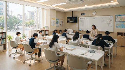 자습실에서 문제를 푸는 학생