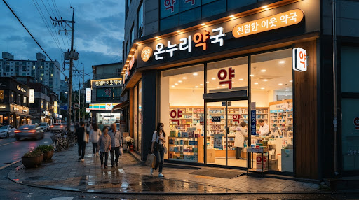 밤에 불을 켜 둔 약국 앞 골목