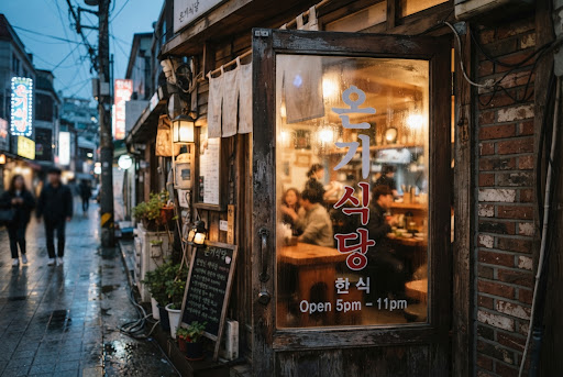 어두운 상 위에 놓인 그날의 코스 한 접시