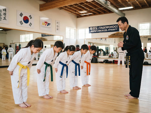 도복을 입고 매트 위에 선 관장