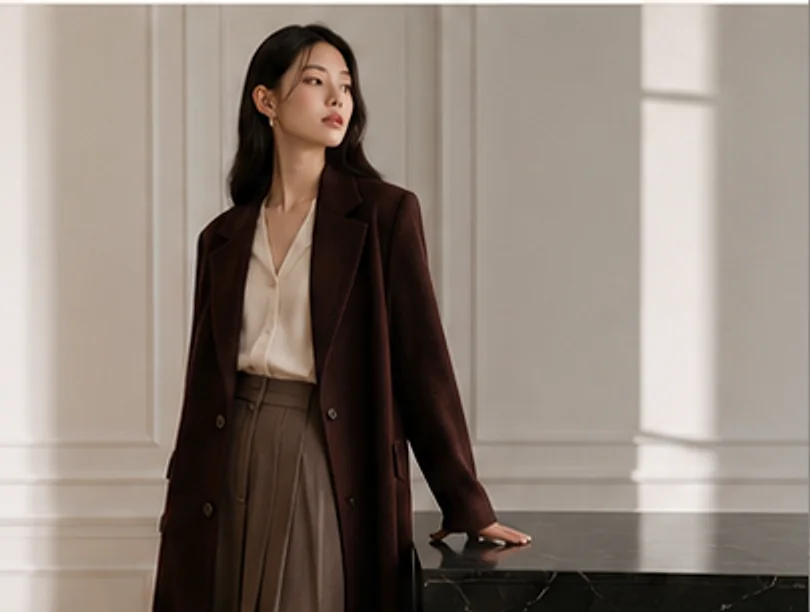 버건디 코트에 아이보리 블라우스와 브라운 스커트를 입은 24FW 컬렉션 착장