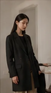 검정 롱 재킷과 베이지 와이드 팬츠 착장