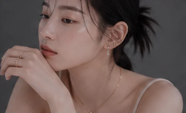 가는 반지 여러 개를 겹쳐 낀 손을 턱에 괸 모습