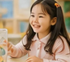5~6세 아이가 교구를 손에 들고 환하게 웃는 모습