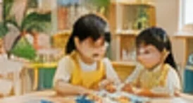 등원한 아이 둘이 교구를 나누며 자유놀이를 하는 모습