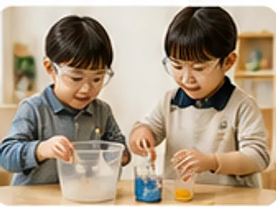 아이 둘이 비커에 물을 부으며 관찰하는 과학탐구 활동