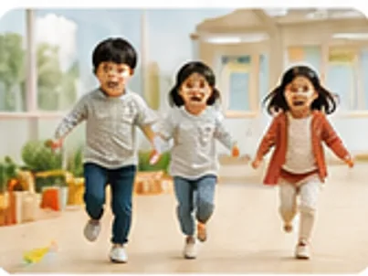 아이 셋이 실내 놀이터에서 손잡고 뛰어오는 모습