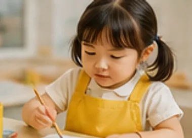 3~4세 아이가 앞치마를 두르고 붓으로 그림을 그리는 모습