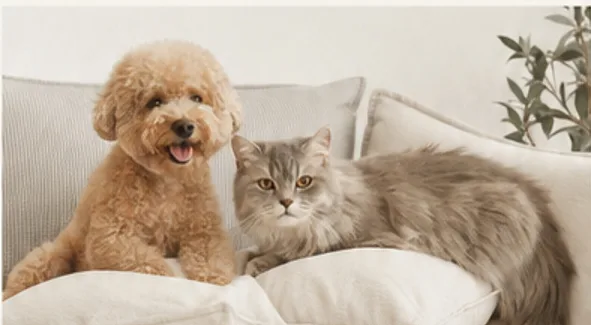 쿠션 위에 함께 있는 강아지와 고양이