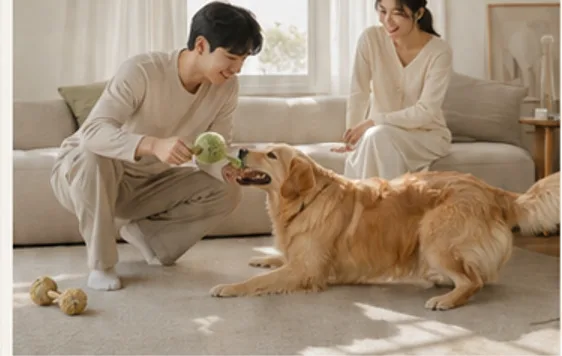 거실에서 강아지와 놀아주는 두 사람