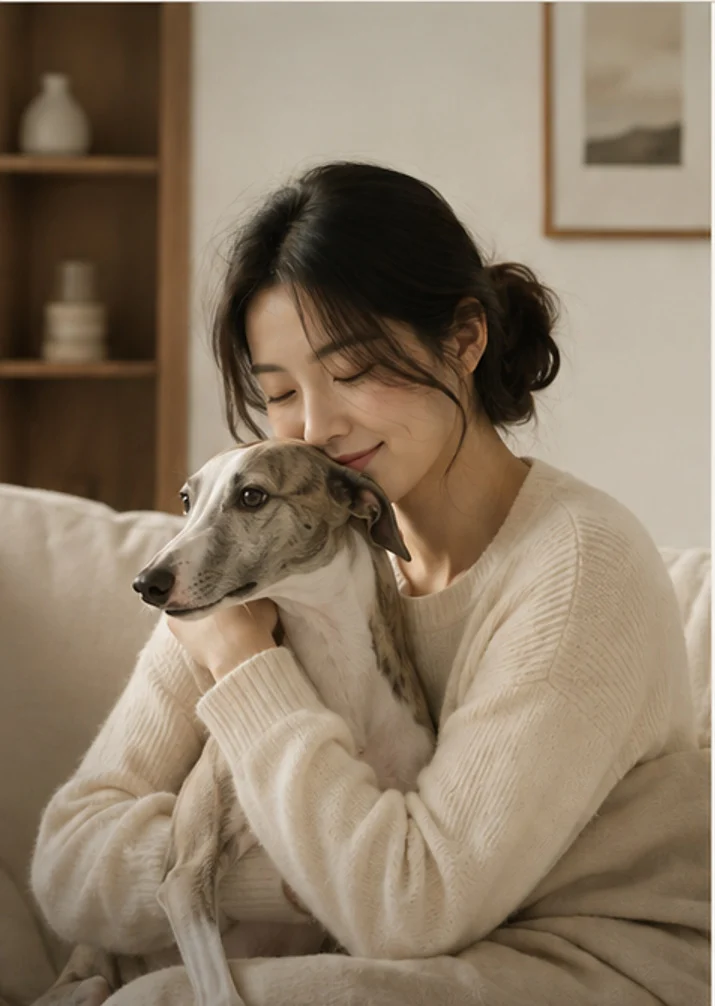 휘핏과 함께 소파에 앉아 있는 사람