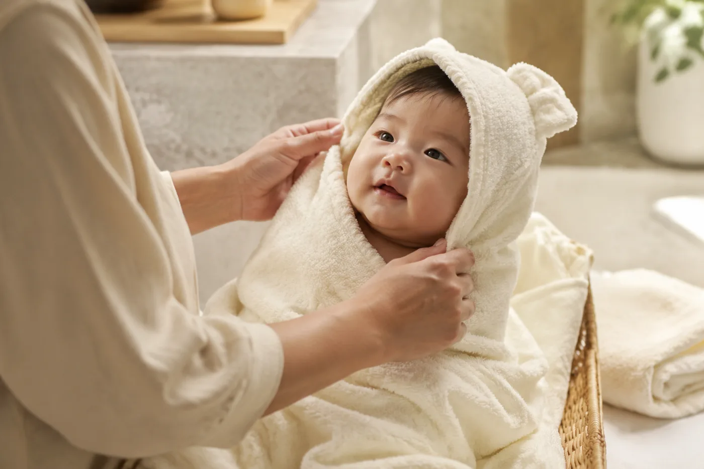 목욕 후 수건으로 감싼 아기
