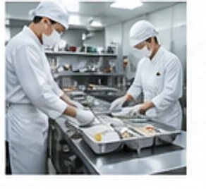 조리복을 갖춰 입고 반찬을 소분하는 조리사들
