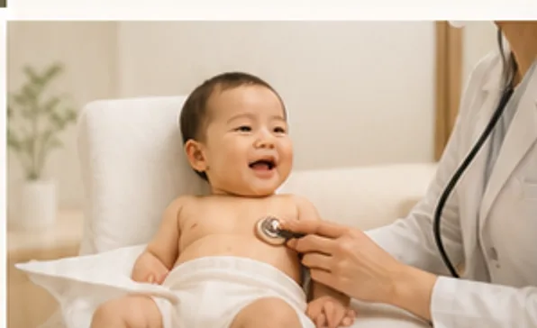 진료대에 누운 아기를 의료진이 청진기로 진찰하는 모습