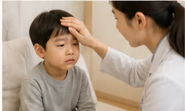 의료진이 열이 나는 아이의 이마를 짚어보며 상태를 살피는 모습