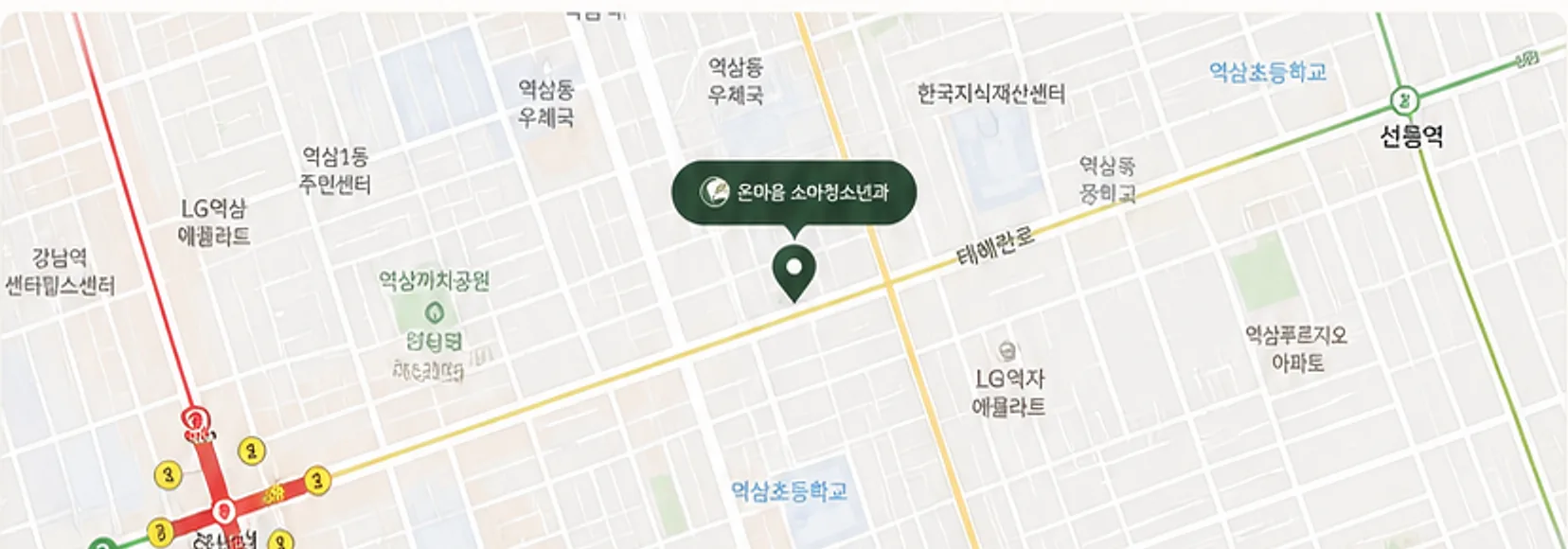 역삼역과 선릉역 사이 테헤란로에 위치한 온마음 소아청소년과 약도