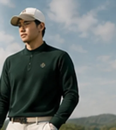 딥그린 카라 티셔츠를 입고 하늘을 배경으로 선 남성
