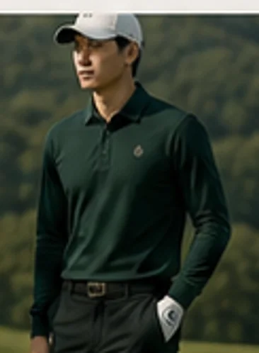 딥그린 카라 티셔츠에 차콜 팬츠를 입고 코스에 선 남성