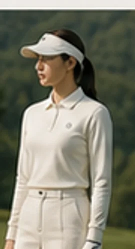 아이보리 상하의 차림으로 코스에 선 여성