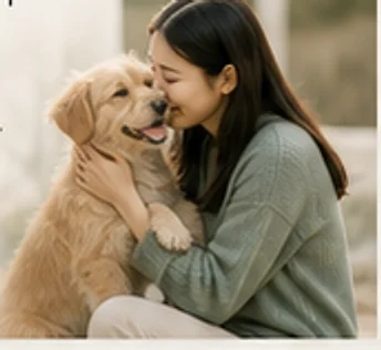 집 앞에서 강아지를 안고 웃는 입양 가족