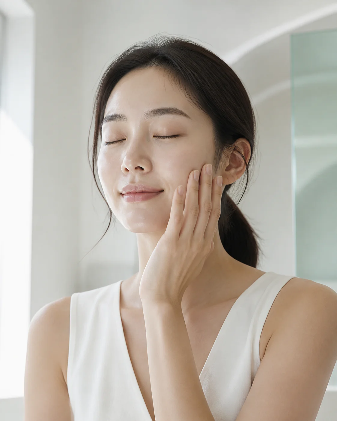 밝은 진료 공간에서 피부를 살피는 여성