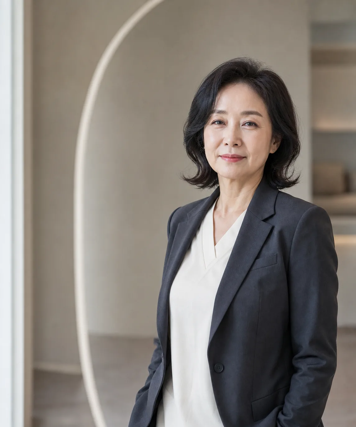 곡선형 공간에 선 가상의 한국인 여성 의료진