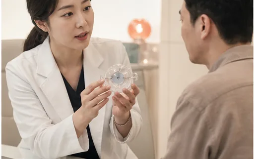 투명 렌즈 모형을 설명하는 가상의 여성 의료진