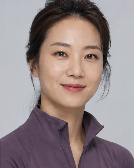 플럼 재킷을 입은 가상의 성인 여성
